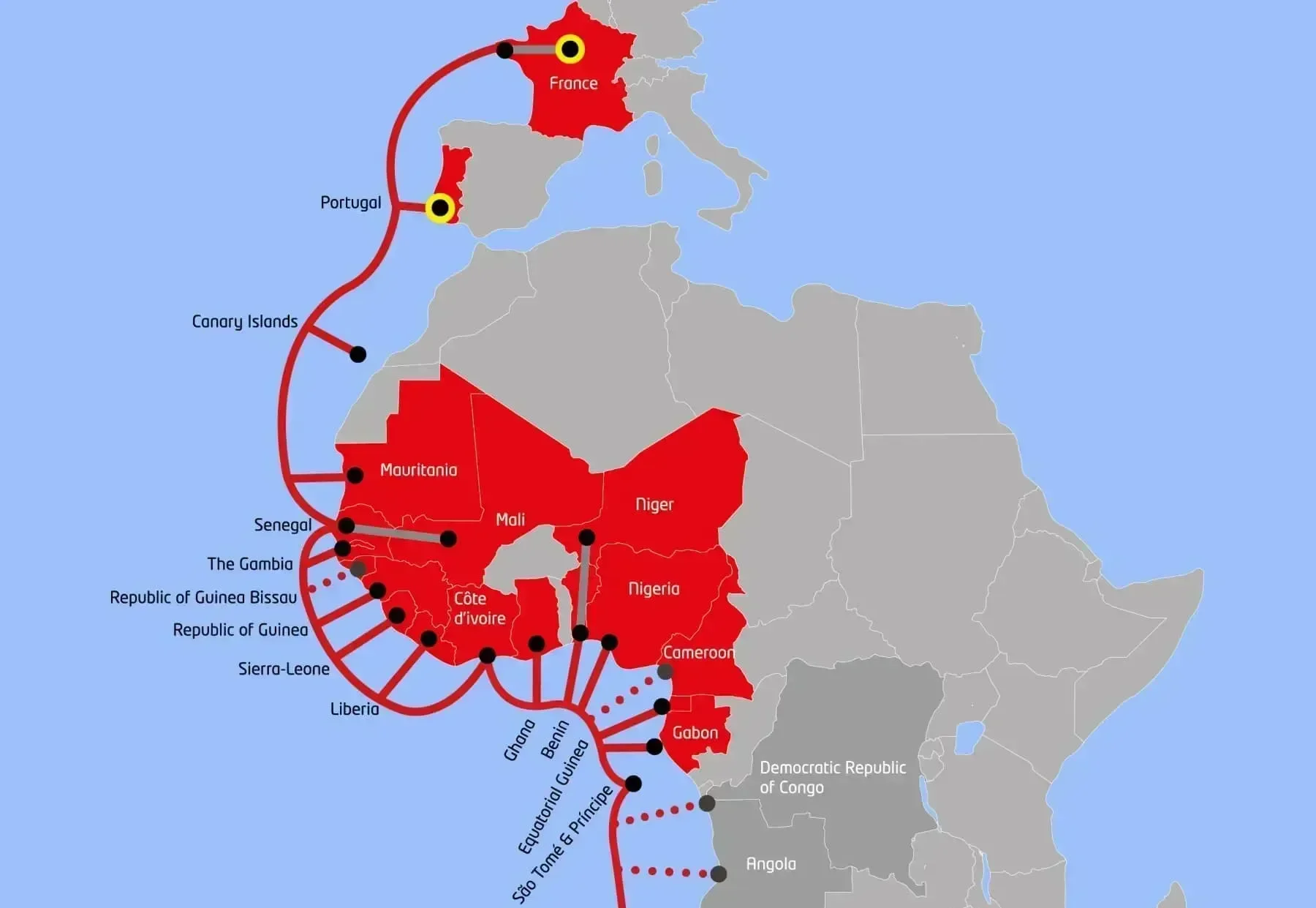 Mapa del sistema de cable submarino ACE de la costa de África a Europa