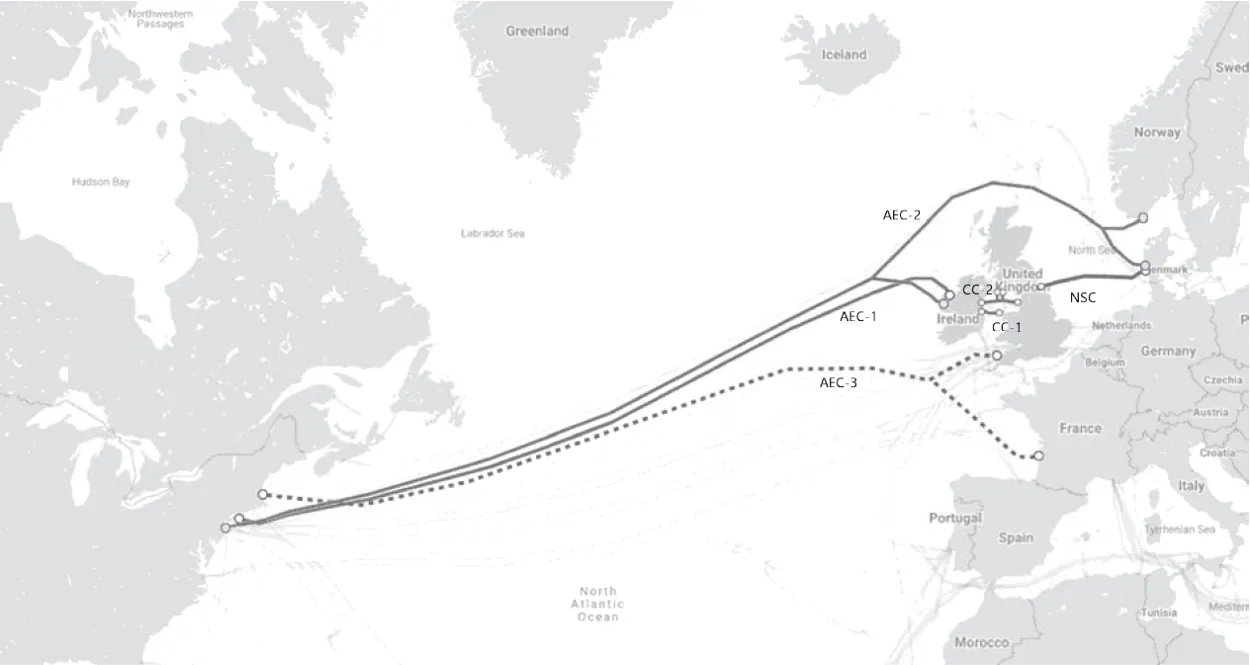 Mapa de cables submarinos de Aqua Comms