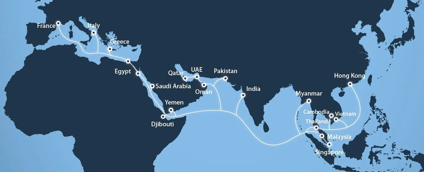 Mapa del sistema de cable submarino Asia África Europa-1 AAE-1
