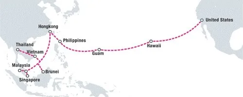 Mapa del sistema de cable submarino Asia-America Gateway AAG