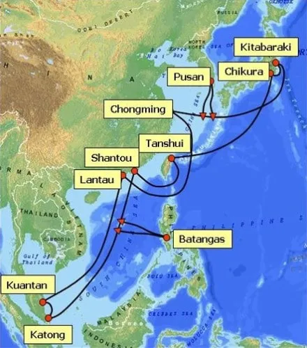 Mapa del sistema de cable submarino APCN-2 de Asia-Pacific Cable Network 2