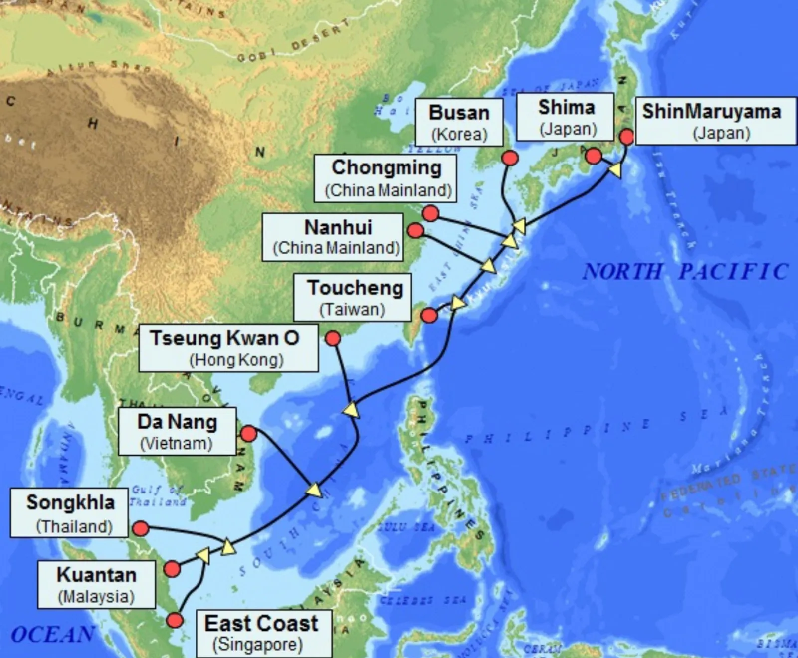 Mapa del sistema de cable submarino APG Asia Pacific Gateway