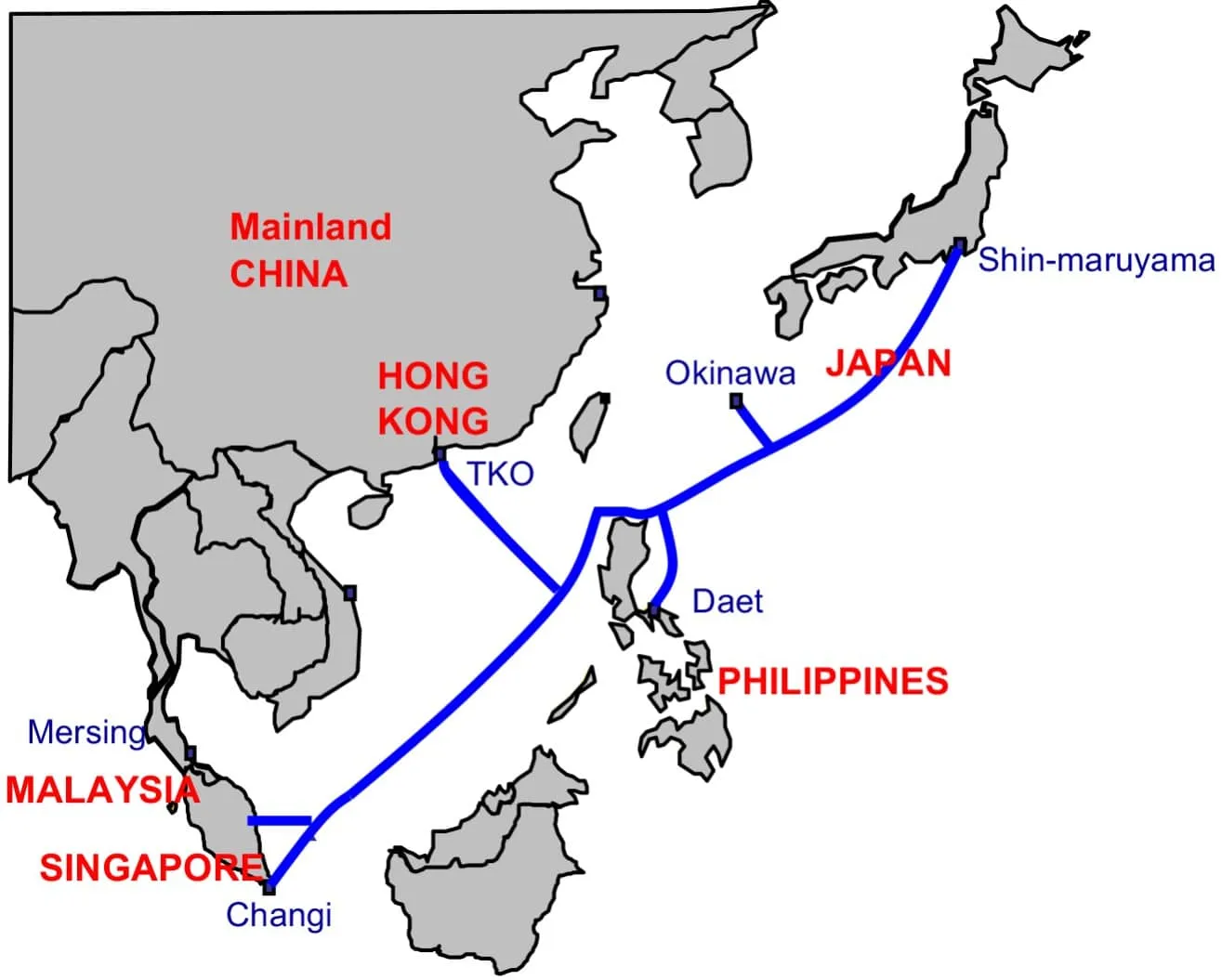 Mapa del sistema de cable submarino Asia Submarine-cable Express ASE