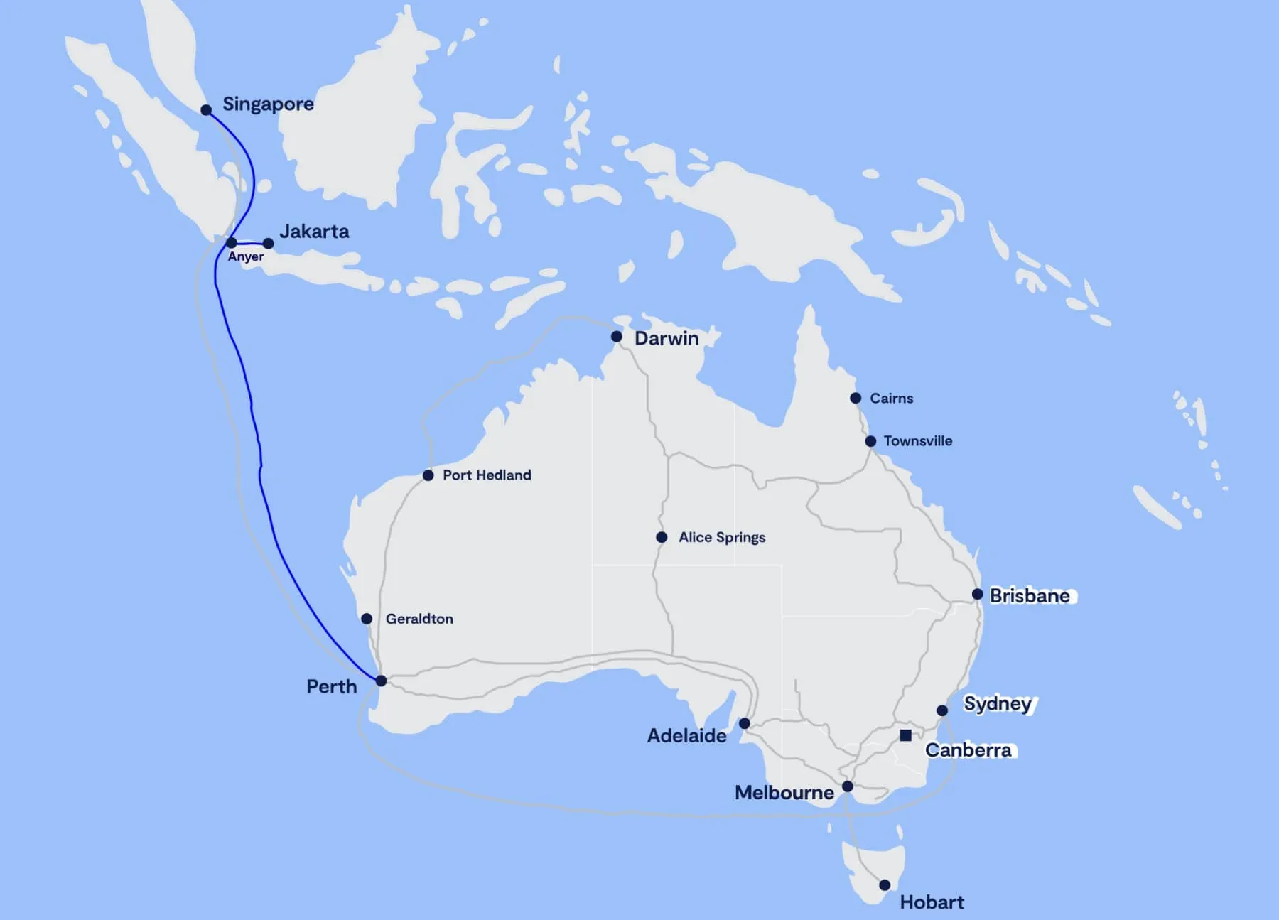 Mapa del sistema de cable submarino ASC de Australia-Singapore Cable