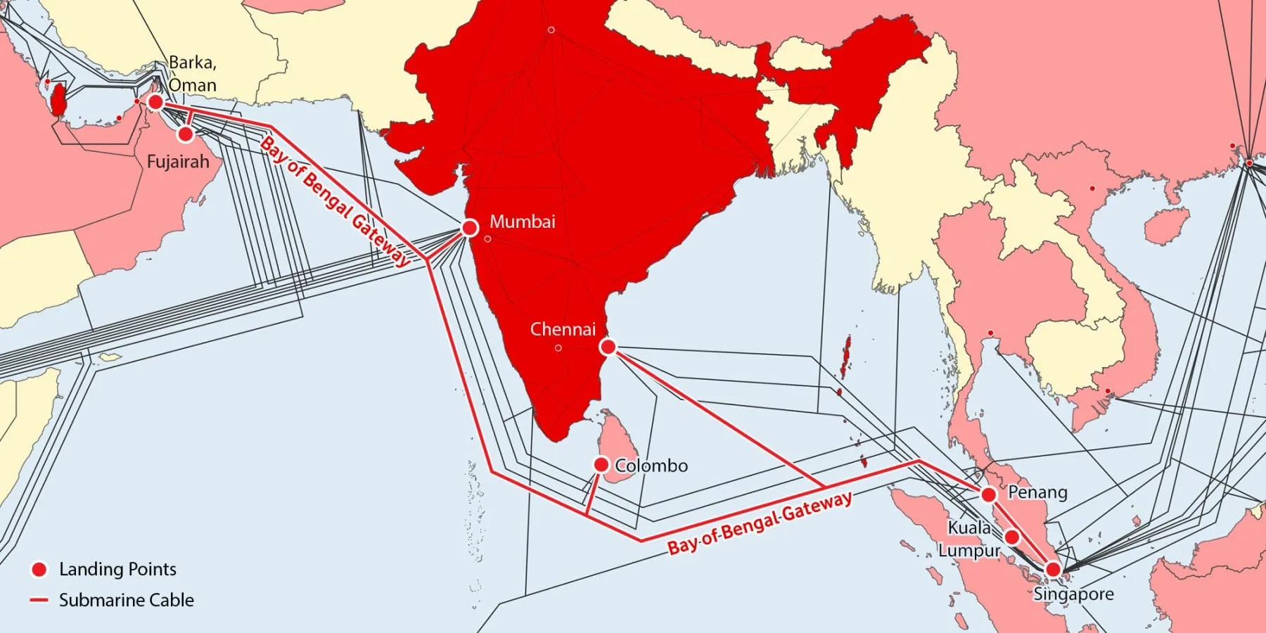 Mapa del sistema de cable submarino BBG Gateway de la Bahía de Bengala