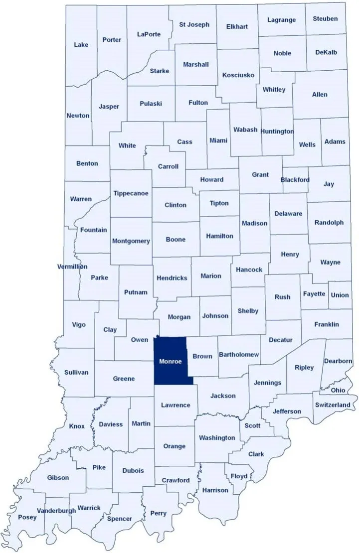 Mapa de Indiana del condado de Bloomington Monroe