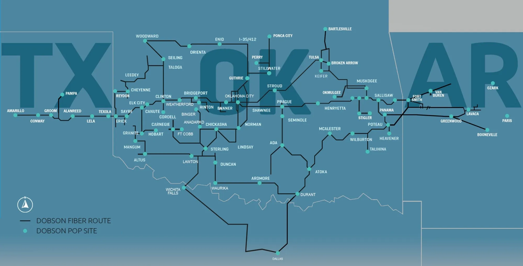 Mapa de la red de fibra Dobson Oklahoma Arkansas Texas
