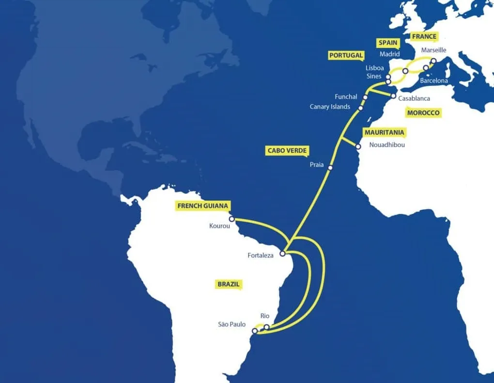 Mapa del sistema de cable submarino EllaLink