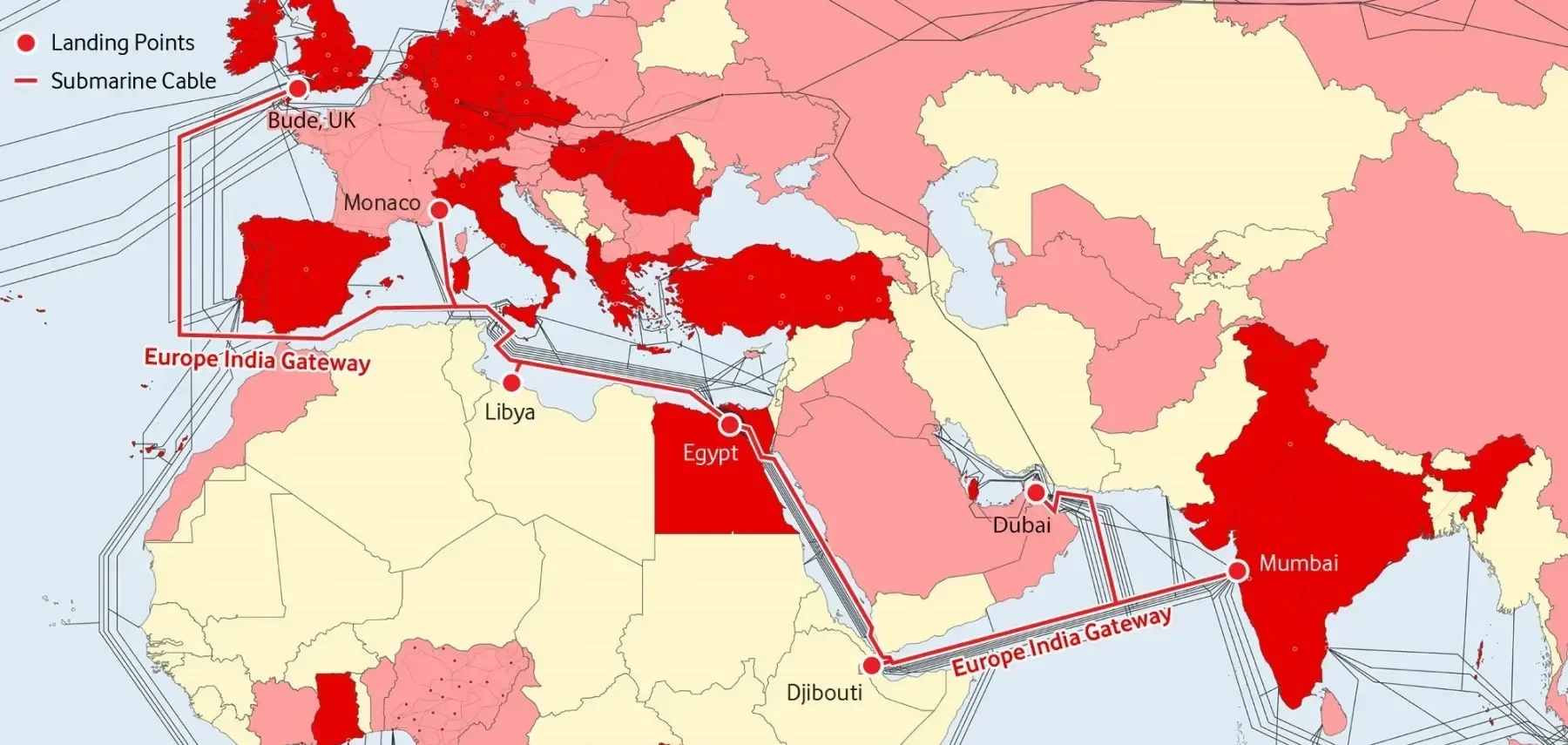 Mapa del sistema de cable submarino EIG Gateway Europa India
