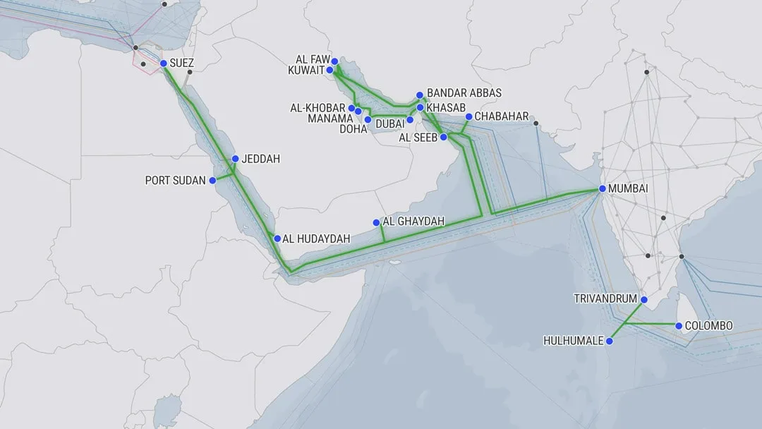 Mapa de cable submarino FALCON Global Cloud Xchange (GCX)