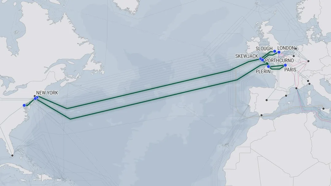 FLAG Atlantic (FA-1) Global Cloud Xchange (GCX) Mapa de cable submarino