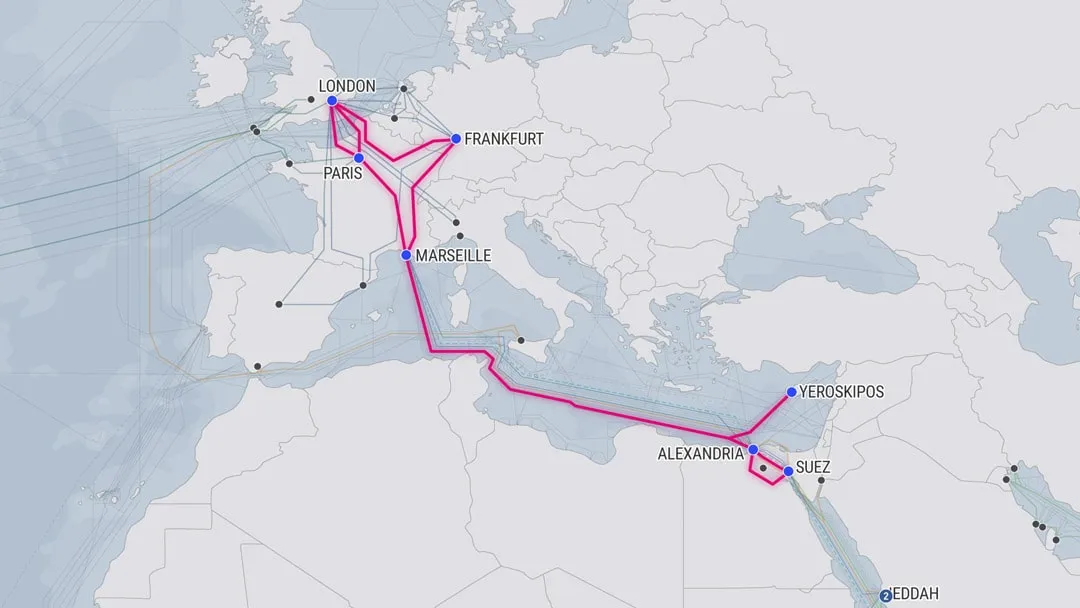 Mapa de cable submarino HAWK Global Cloud Xchange (GCX)