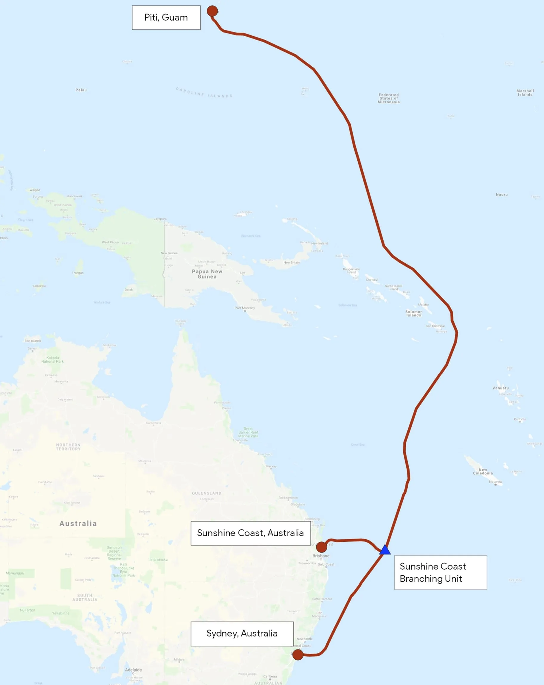 Mapa del sistema de cable submarino Japón-Guam-Australia Sur JGA-S
