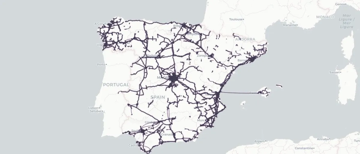 Mapa de España de la Red de Fibra Óptica Lyntia
