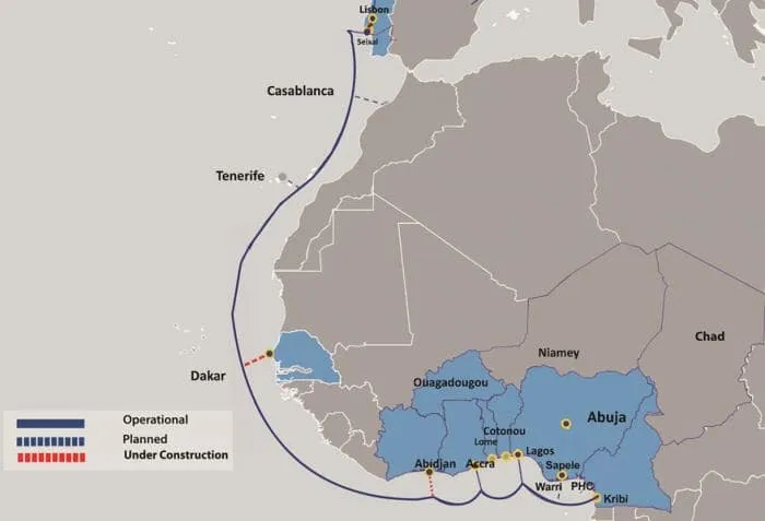 Mapa del sistema de cable submarino MainOne