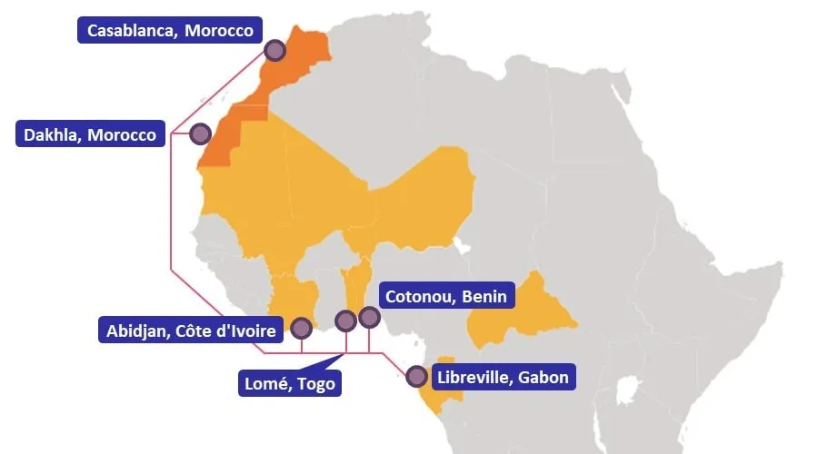 Mapa del sistema de cable submarino de África Occidental de Maroc Telecom