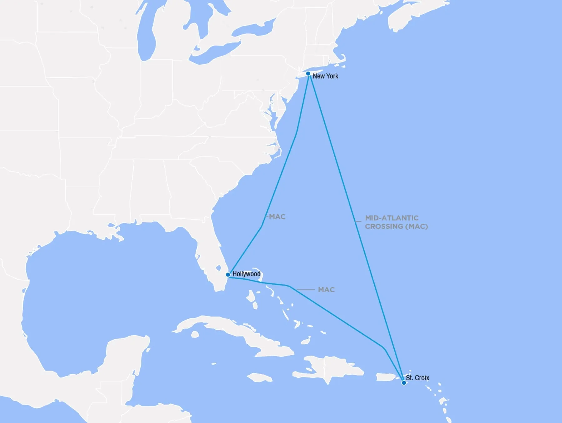 Mapa del sistema de cable submarino MAC de Mid-Atlantic Crossing
