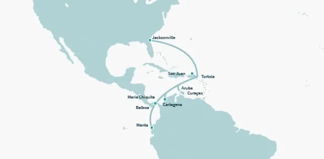 Mapa del sistema de cable submarino PCCS del Pacific Caribbean Cable System