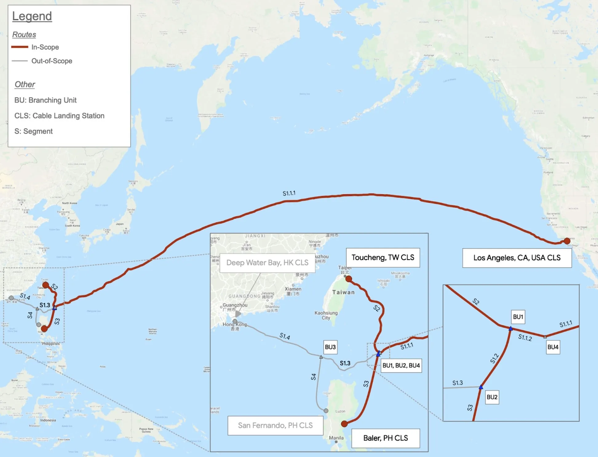 Mapa del sistema de cable submarino PLCN de Pacific Light Cable Network