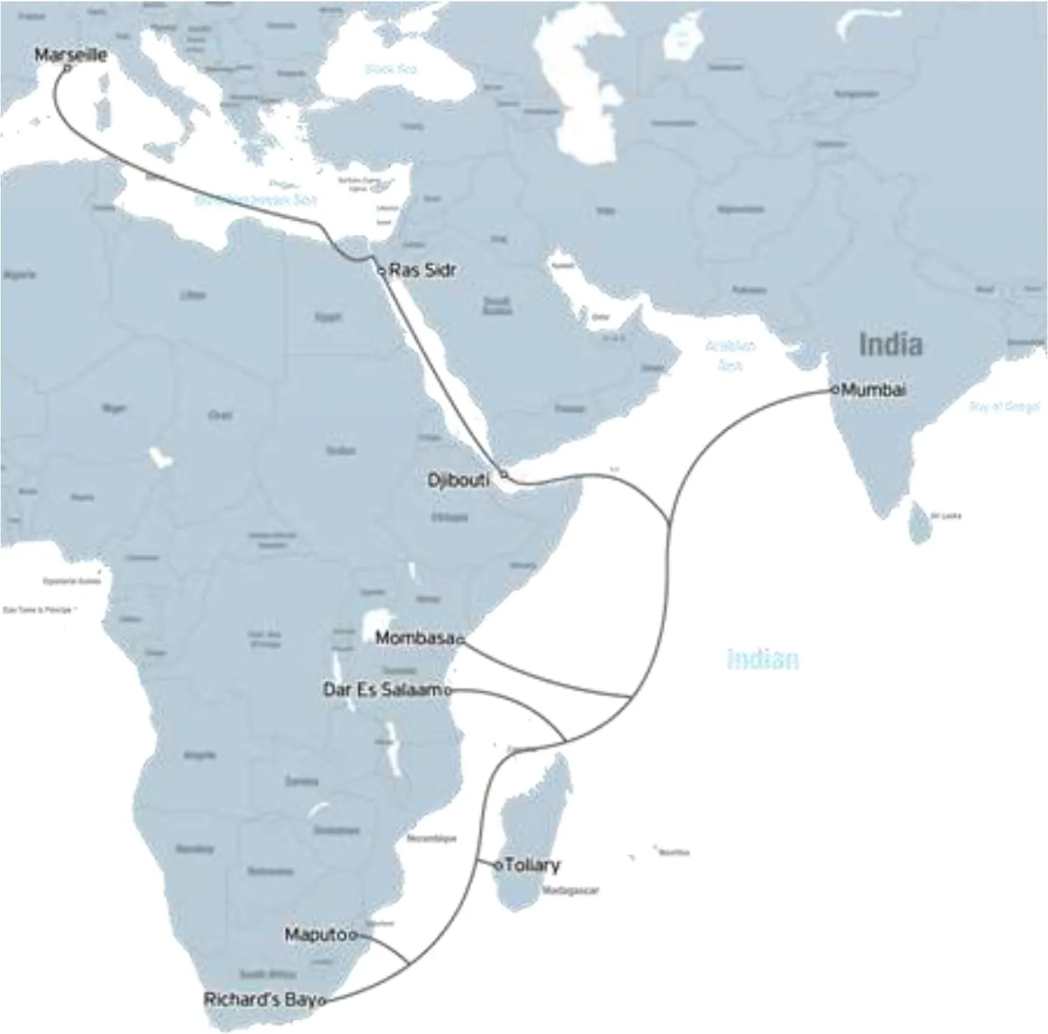 SEACOM - Mapa del sistema de cable submarino TGN-Eurasia