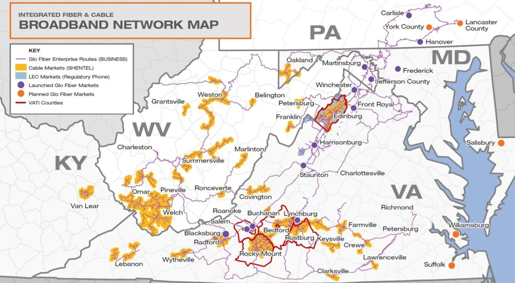 Mapa de la red de banda ancha de telecomunicaciones de Shentel Shenandoah