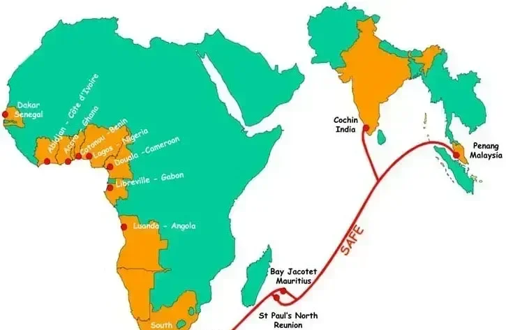 Mapa del sistema de cable submarino SAFE del Lejano Oriente de Sudáfrica
