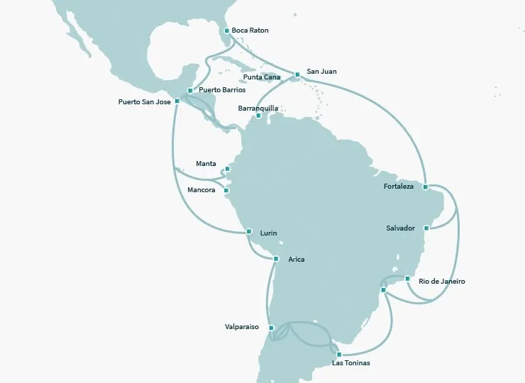 Mapa del Sistema de Cable Submarino Sudamérica-1 SAm-1