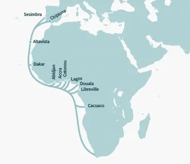 Mapa del sistema de cable submarino WASC del cable submarino South Atlantic 3 SAT-3 West Africa