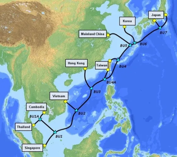 Mapa del sistema de cable submarino SJC2 del Sudeste Asiático-Japón Cable 2