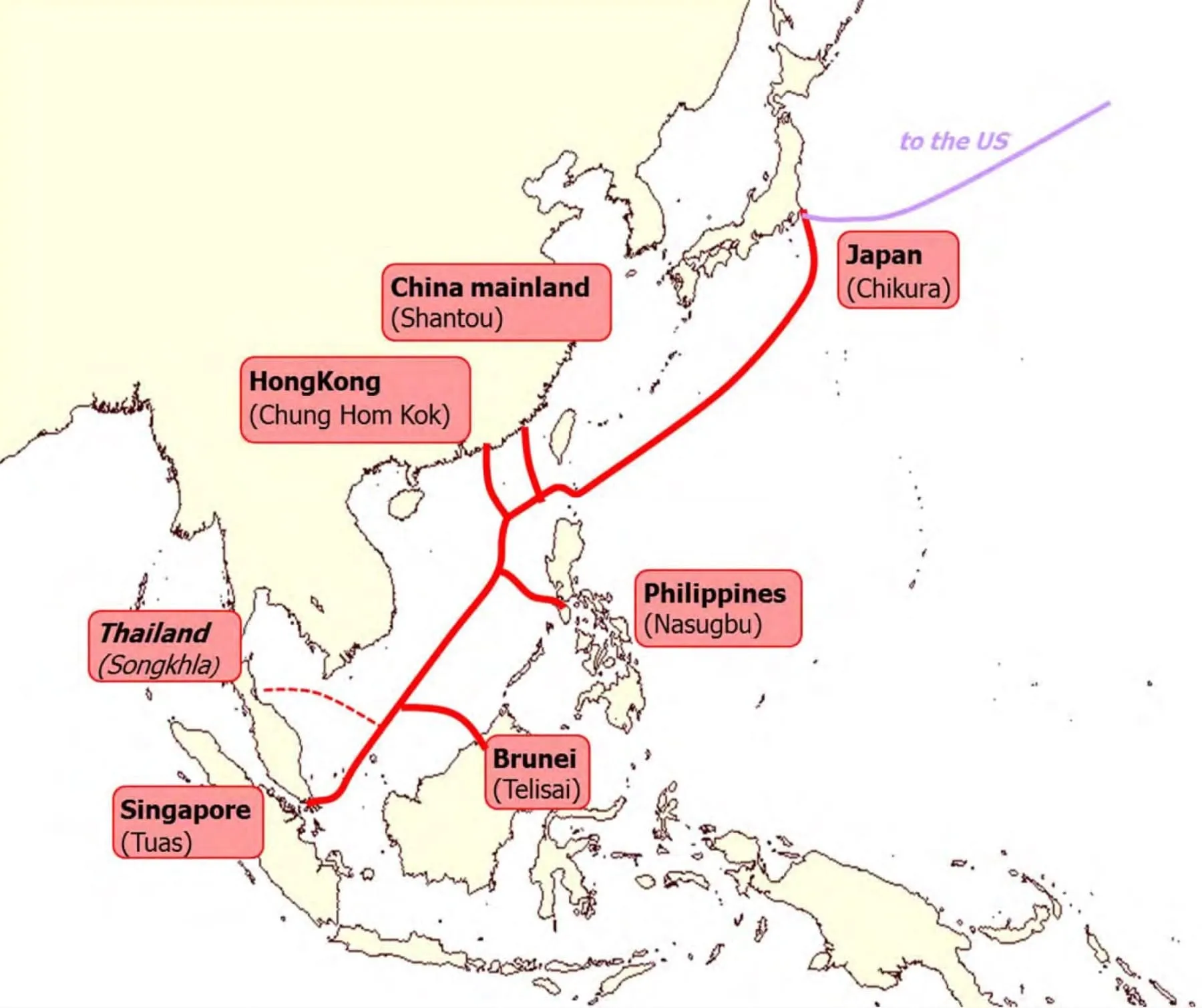 Mapa del sistema de cable submarino SJC de Cable del Sudeste Asiático-Japón