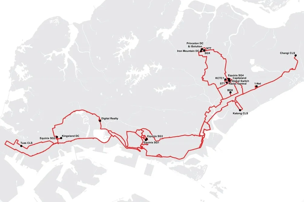 Mapa de red de conductos y fibra de Superloop Singapur