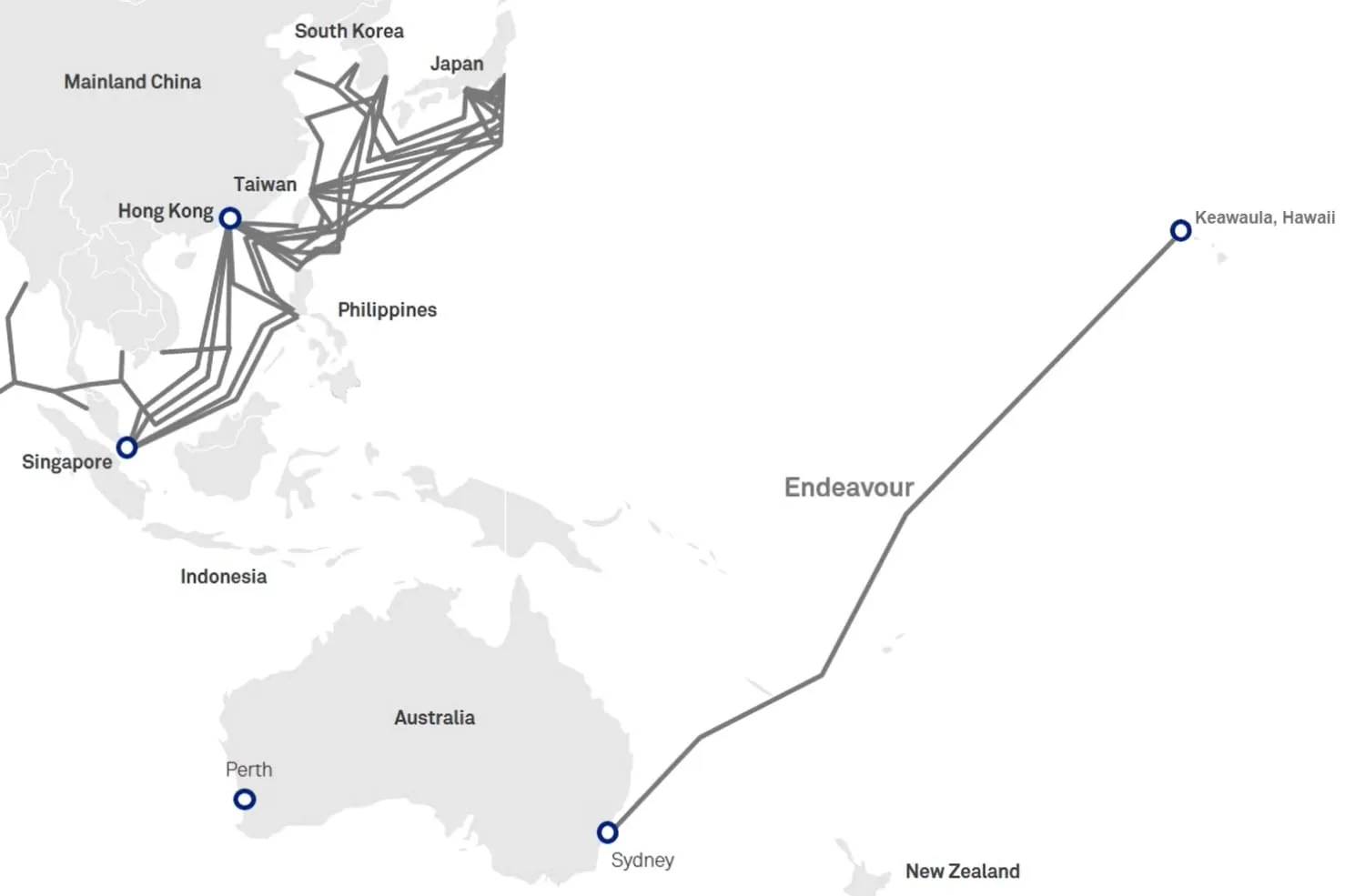 Mapa del sistema de cable submarino Telstra Endeavor