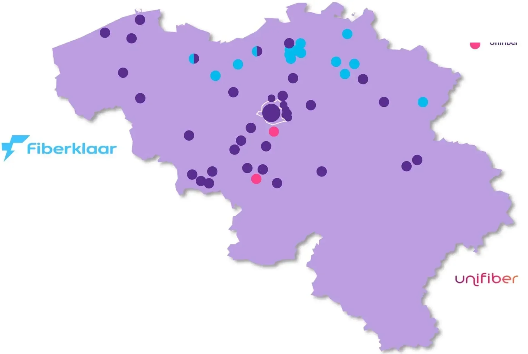 Mapa de implementación de la red de fibra de Unifiber Bélgica