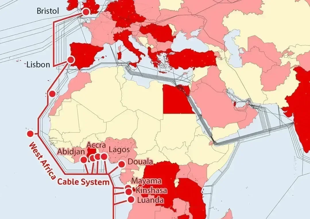 Mapa del sistema de cable submarino WACS del sistema de cable de África Occidental