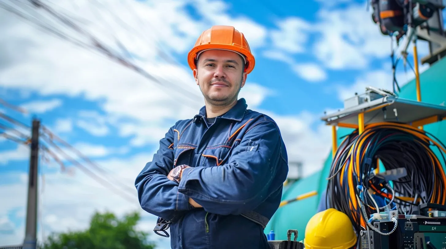 Proceso de instalación de cable de fibra óptica con un técnico de Internet en un día soleado