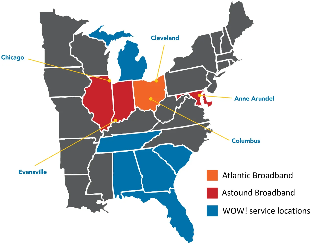 Mapa de cobertura de WideOpenWest WOW Atlantic Broadband Astound