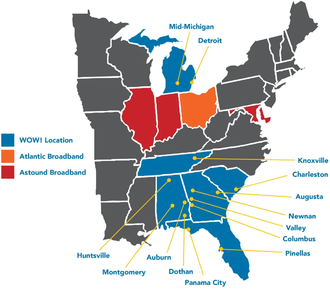 Mapa de cobertura WOW de WideOpenWest post-transacción