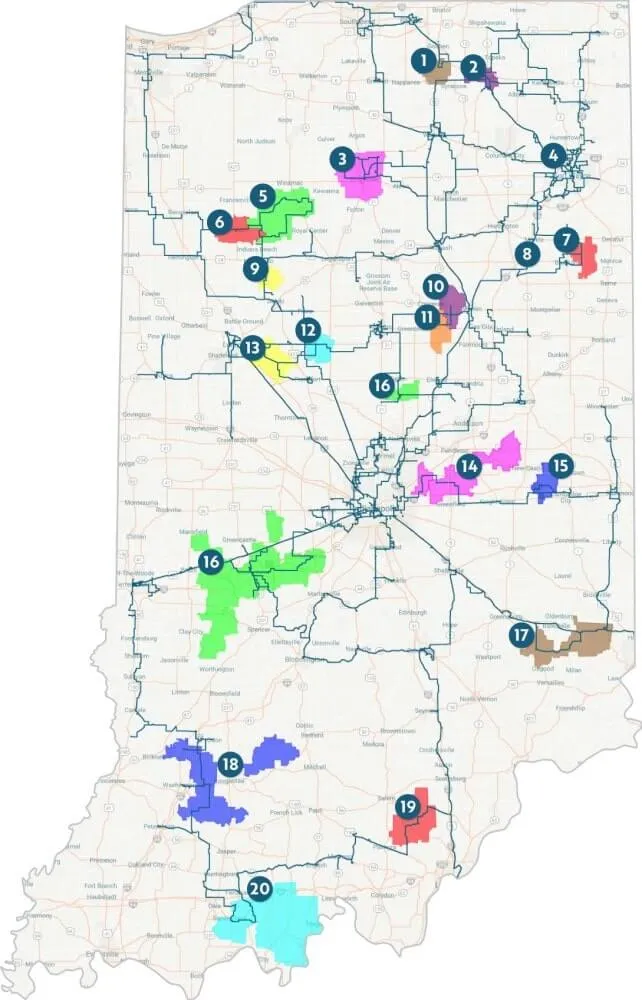Mapa IFN Indiana de la red de fibra inteligente del Grupo Zayo