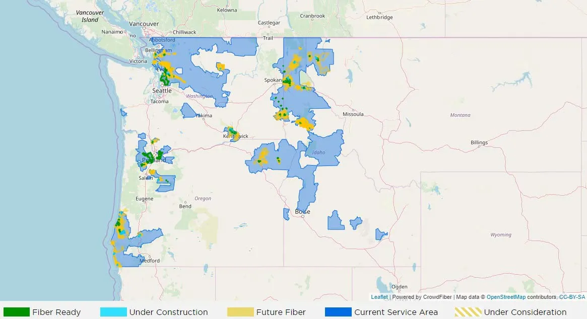 Mapa de Banda Ancha de Fibra Ziply Actual y Futuro
