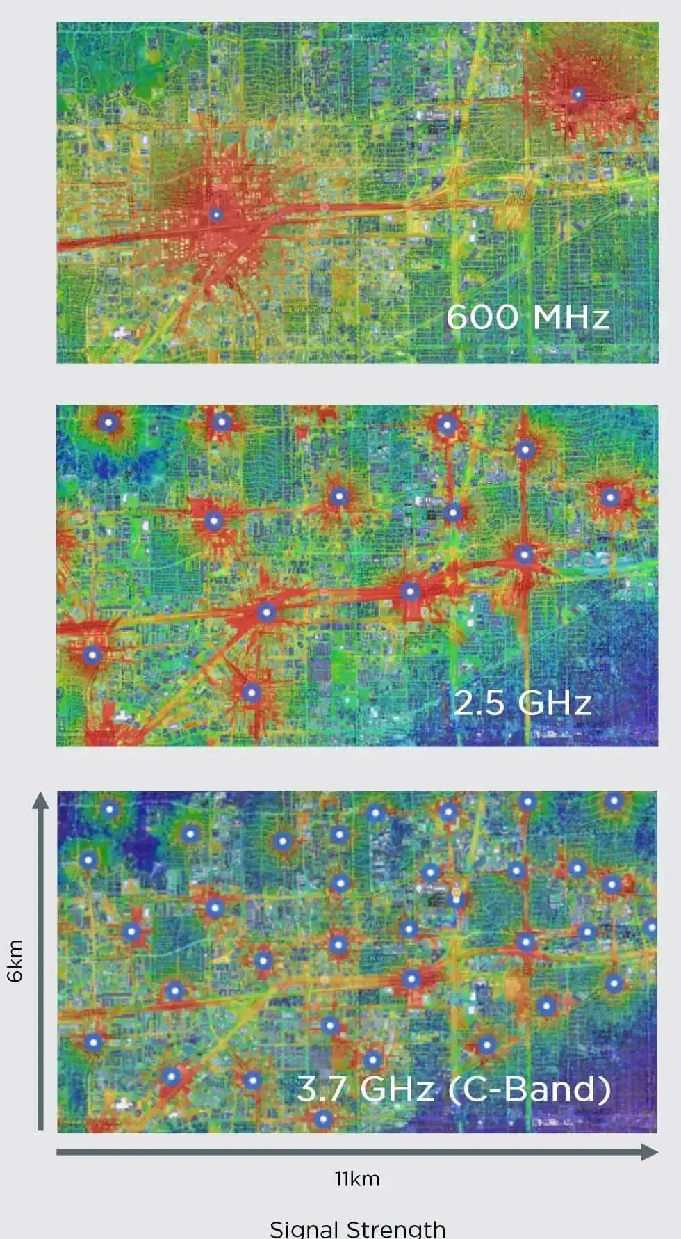 Mapas de cobertura de torres celulares 600 MHz 2.5 GHz 3.7 GHz banda C