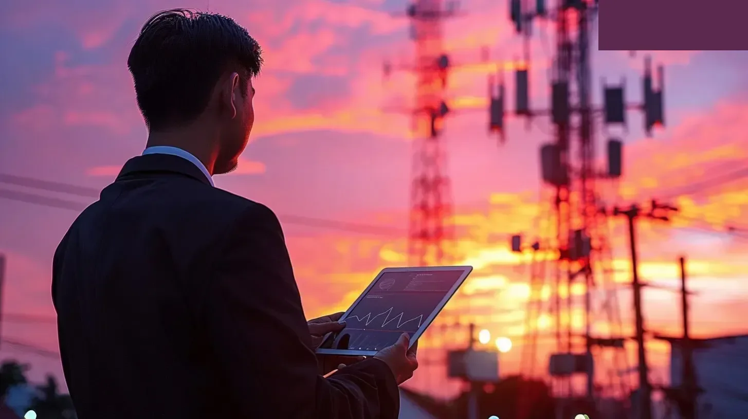 Compra de arrendamiento de torre celular con un empresario sosteniendo una tableta haciendo una propuesta