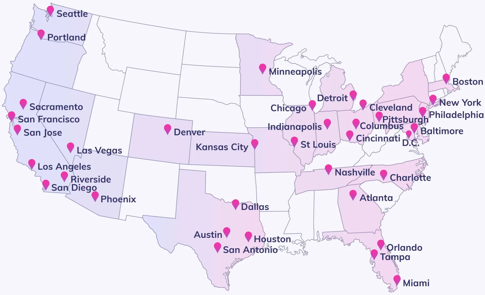 Mapa de cobertura de la red de Crown Castle Everynet en Estados Unidos