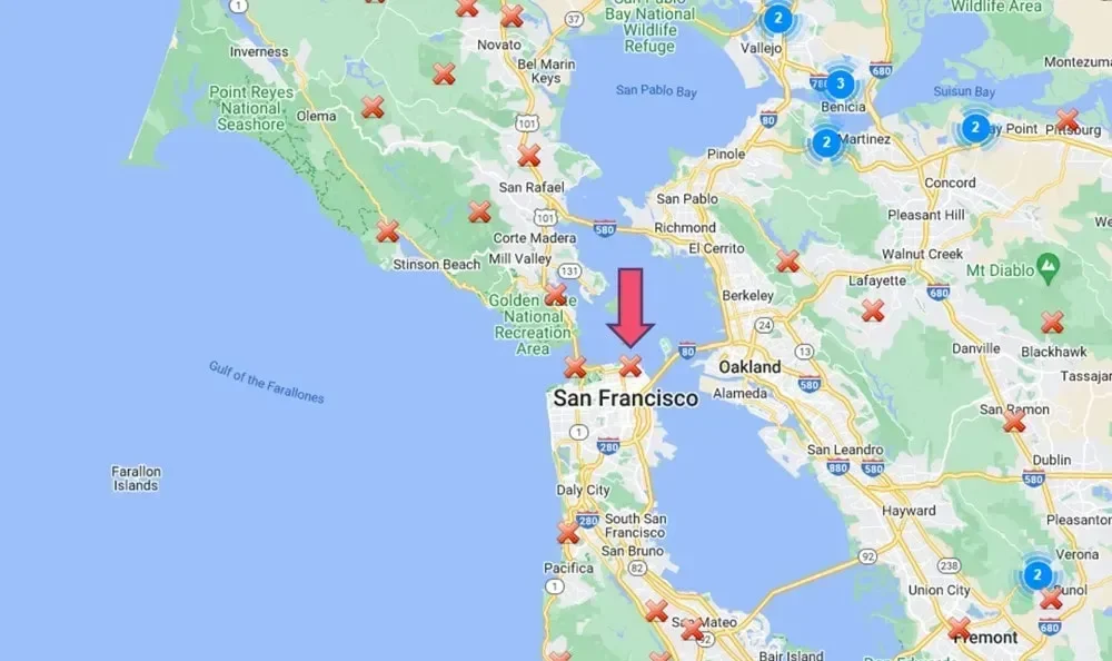 Mapa de la torre celular SCADACore San Francisco California