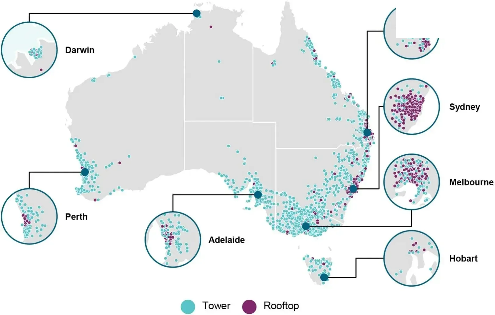 Mapa ATN de la red de torres Singtel Optus Australia