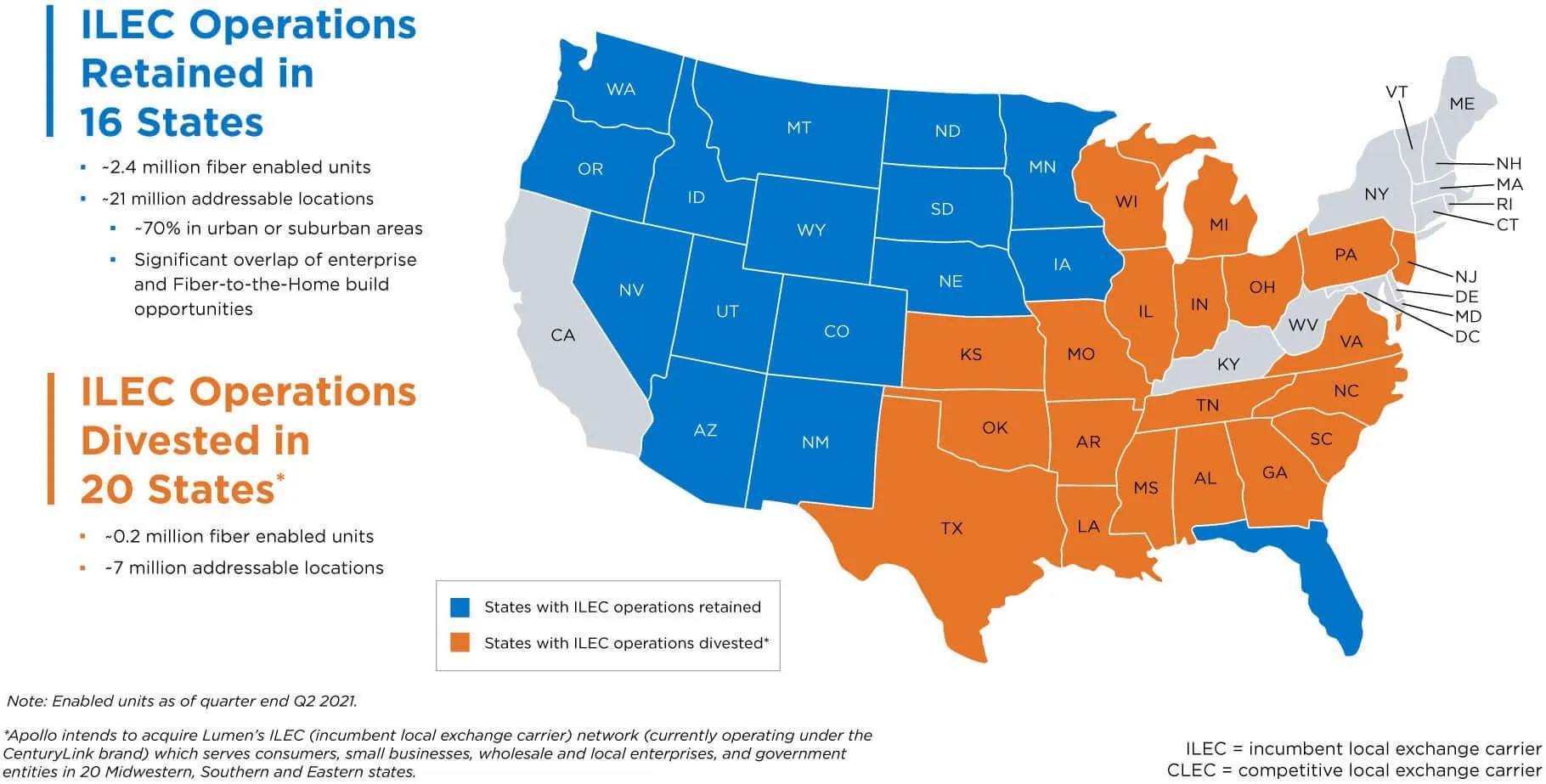 Mapa de operaciones retenidas y desinvertidas de ILEC de Lumen Technologies