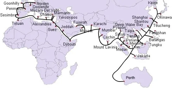 Mapa de rutas y puntos de aterrizaje SEA-ME-WE 3