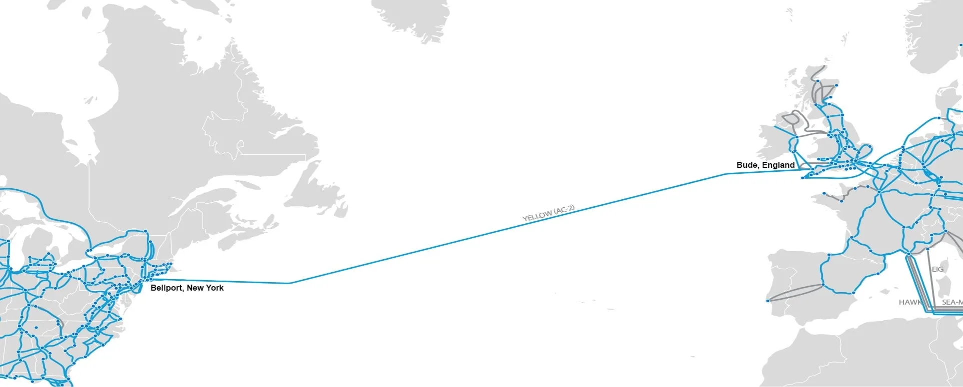 Mapa del sistema de cable submarino amarillo Atlantic Crossing-2 AC-2 etiquetado