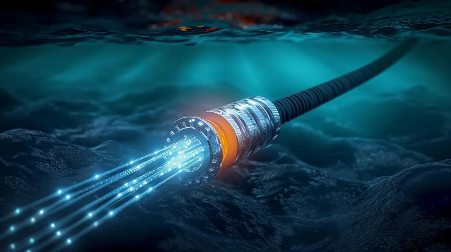 Propietarios de cables de Internet submarinos con pequeñas luces brillando alrededor de la fibra óptica